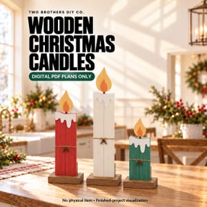 May include: Three wooden candle decorations in red, white, and green, each featuring a white wax drip detail, a yellow and orange flame cutout, and a small twine bow with holly berries. Text reads: TWO BROTHERS DIY CO. WOODEN CHRISTMAS CANDLES.