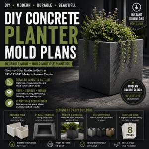 May include: A digital guide for a 40.6cm x 40.6cm x 40.6cm square concrete planter mould. The image features text including DIY CONCRETE PLANTER MOLD PLANS, a photo of a grey square planter with a green plant, and icons detailing construction steps.