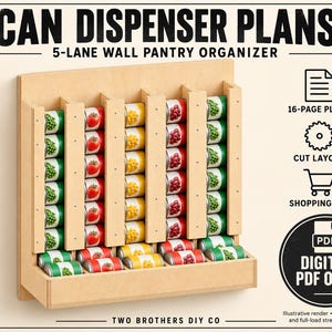 Puede incluir: Un organizador de despensa de pared de madera de 5 carriles para latas con el texto CAN DISPENSER PLANS, 5-LANE WALL PANTRY ORGANIZER, 16-PAGE PLANS, CUT LAYOUT, SHOPPING LIST y DIGITAL PDF ONLY. La unidad contiene filas de latas verdes, rojas y amarillas.