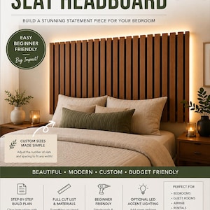 May include: A digital document for a DIY modern wall-mounted slat headboard project. The graphic features text including "DIY WOODWORKING PLANS," "MODERN WALL-MOUNTED SLAT HEADBOARD," and "INSTANT DOWNLOAD PDF PLAN" with images of a wooden headboard.