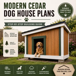 May include: A wooden dog house with a slanted roof, featuring light brown vertical siding, dark green trim, and a white base. A golden dog sits inside the entrance. Text reads: MODERN CEDAR DOG HOUSE PLANS, STEP-BY-STEP BUILDING GUIDE, and more.