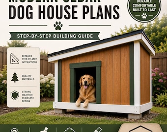 Planos modernos de caseta de cedro para perros / Caseta grande para perros para construir uno mismo / Planos de construcción paso a paso / Techo a una sola pendiente / Refugio exterior para mascotas (PDF)