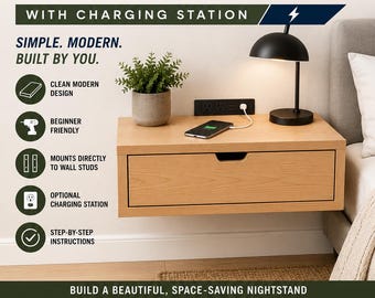 Modern Floating Nightstand Plans | Wall Mounted Nightstand with Charging Station | DIY Woodworking Plans | Bedroom Furniture Build PDF