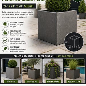 Op de afbeelding: Een digitaal PDF-plan voor een doe-het-zelf betonplantenbakvorm, met de tekst 'DIY CONCRETE PLANTER MOLD PLAN' en '24" x 24" x 20" SQUARE'. Het document bevat stapsgewijze instructies, een zaaglijst en foto's van een vierkante betonnen plantenbak.