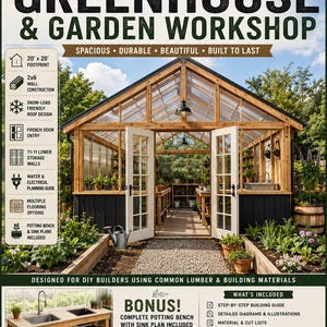 Peut inclure: Un plan de construction complet pour une serre et un atelier de jardin de 20' x 20'. Le document présente une grande image d'une serre en bois avec des portes françaises, un établi de rempotage avec évier et des listes de guides inclus.