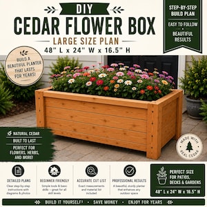 Könnte beinhalten: Ein DIY-Pflanzkasten-Plan aus Zedernholz mit dem Text DIY CEDAR FLOWER BOX LARGE SIZE PLAN 122 cm L x 61 cm B x 42 cm H. Das Bild zeigt einen rechteckigen Pflanzkasten aus Holz mit bunten Zinnien und enthält Symbole für Baupläne.