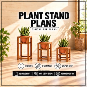 Planos en PDF para soporte de plantas: Estructura de madera de 2x2 pulgadas en 18, 24 y 30 pulgadas.
