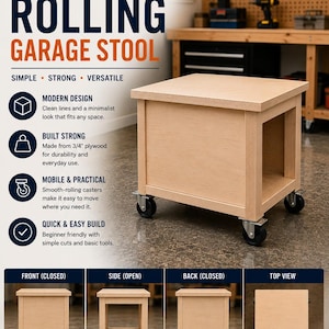 May include: A light-colored wooden rolling garage stool with a square top and four black casters. The image includes text: DIY WOODWORKING PLANS, MODERN ROLLING GARAGE STOOL, SIMPLE, STRONG, VERSATILE, 1 MATERIAL: 3/4" PLYWOOD, and STEP-BY-STEP INSTRUCTIONS.