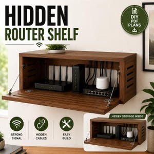 Può includere: Una mensola da parete in legno per router con pannello frontale a ribalta. L'interno contiene un router nero, un modem nero e un dispositivo cilindrico bianco con cavi. Il testo riporta HIDDEN ROUTER SHELF, DIY PDF PLANS e HIDDEN STORAGE INSIDE.