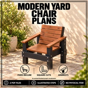 Può includere: Una sedia da giardino in legno con seduta e schienale a doghe marroni, sostenuta da una struttura nera. Il testo recita MODERN YARD CHAIR PLANS, FIXED RECLINE, SQUARE CUTS, ARMRESTS, 2 PDF FILES, ILLUSTRATED STEPS e NO PHYSICAL ITEM.
