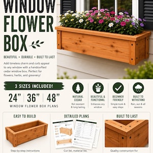 May include: A DIY cedar window flower box project guide featuring text and graphics. The image displays a wooden planter filled with pink and white flowers, alongside diagrams, step-by-step instructions, and 61, 91, and 122 cm size options.