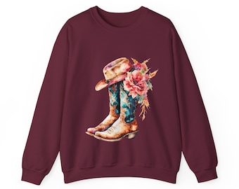 Sudadera con cuello redondo y botas, botas vaqueras y sudadera con flores