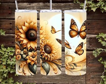 Sunflower Butterfly Tumbler Sublimation Design, 20oz Skinny Tumbler (PNG Digital Download)