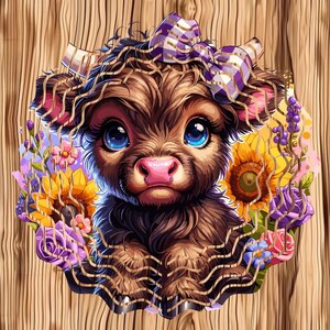 Highland Cow Garden Wind Spinner Design, Wind Spinner Sublimation Design