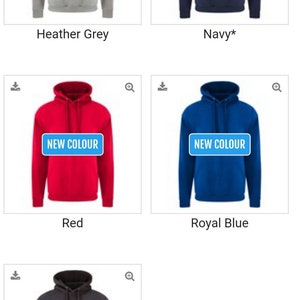 May include: Five hooded sweatshirts in different colors: heather grey, navy, red, royal blue, and solid grey. Each sweatshirt has a "NEW COLOUR" label.