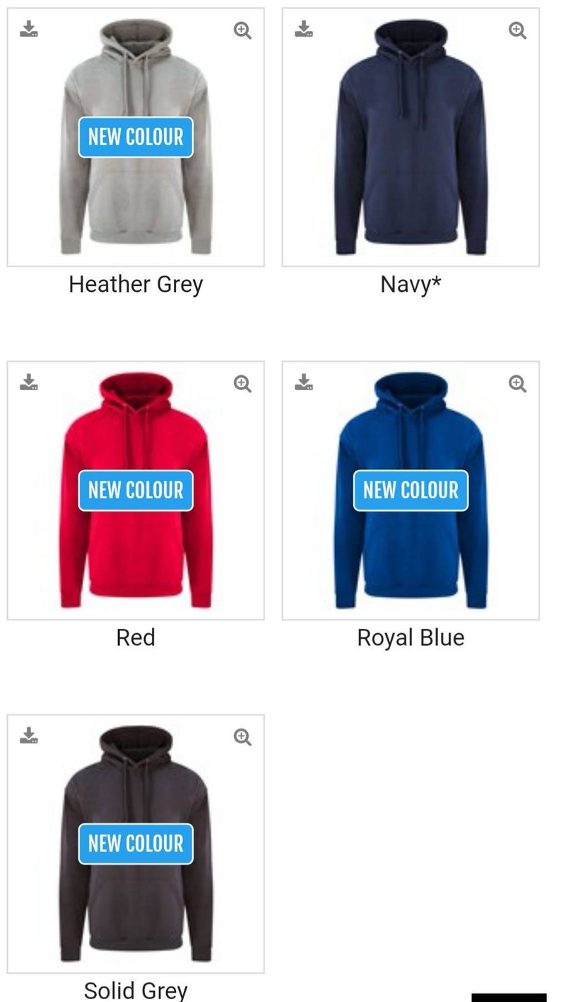 May include: Five hooded sweatshirts in different colors: heather grey, navy, red, royal blue, and solid grey. Each sweatshirt has a "NEW COLOUR" label.