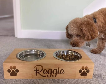 Personalised Bamboo Engraved Double Cat/Dog/Pet Bowl With 2 Bowls