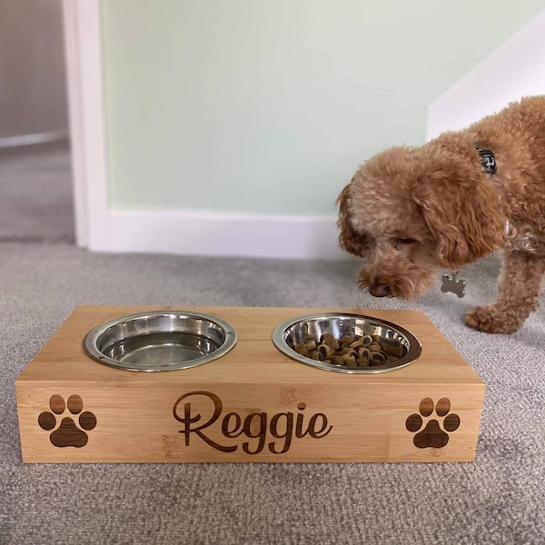 Personalised Bamboo Engraved Double Cat/Dog/Pet Bowl With 2 Bowls