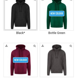 May include: Four hooded sweatshirts in different colors: black, bottle green, burgundy, and charcoal. The burgundy and bottle green sweatshirts have a "NEW COLOUR" label.