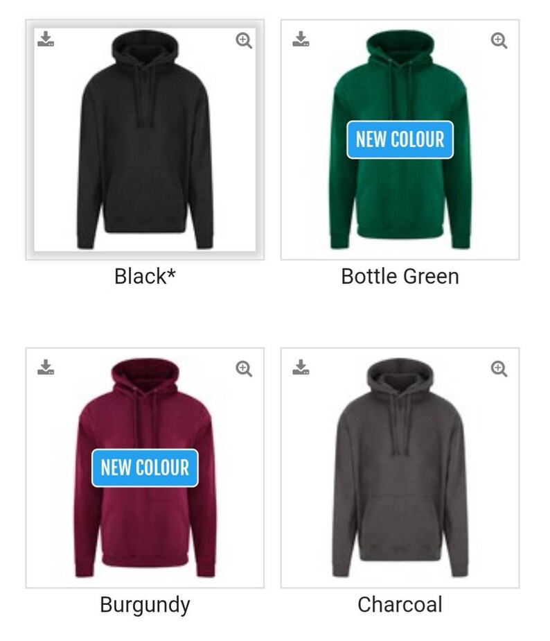 May include: Four hooded sweatshirts in different colors: black, bottle green, burgundy, and charcoal. The burgundy and bottle green sweatshirts have a "NEW COLOUR" label.