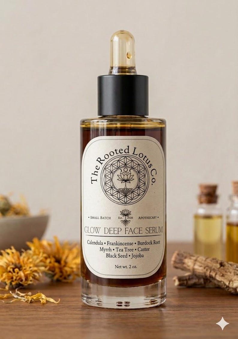 Op de afbeelding: Een heldere glazen fles "Glow Deep Face Serum" met een zwarte dop en pipet. Het etiket toont "The Rooted Lotus Co." en een lijst met ingredi&euml;nten. De fles bevat een bruine vloeistof. Nettogewicht 57 g.