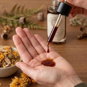 Op de afbeelding: Een druppelaar die een donkere vloeistof in een open handpalm afgeeft. Een kleine plas van de vloeistof is zichtbaar in de handpalm. Een fles met een etiket staat op de achtergrond. De afbeelding is geplaatst op een houten oppervlak met gedroogde kruiden en bloemen.