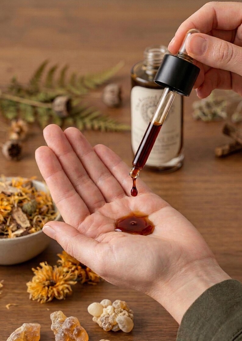 Op de afbeelding: Een druppelaar die een donkere vloeistof in een open handpalm afgeeft. Een kleine plas van de vloeistof is zichtbaar in de handpalm. Een fles met een etiket staat op de achtergrond. De afbeelding is geplaatst op een houten oppervlak met gedroogde kruiden en bloemen.