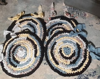 CLEARANCE! 4 CHAIR/Seat Cushions/Pads w/Ties 15" Crocheted Country Teal, Yellow, Black. Bar Stool Pads.