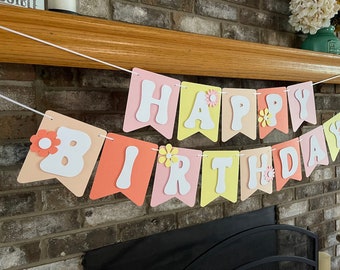 Groovy Happy Birthday Banner Retro 70s Party Theme Two Groovy Psychedelic Decorations Hippie Flower Sign