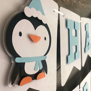 Penguin Happy Birthday Themed Banner, First Christmas Party, Winter Animal Decorations