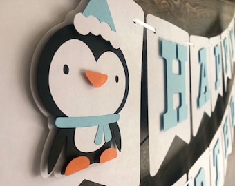 Penguin Happy Birthday Themed Banner, First Christmas Party, Winter Animal Decorations