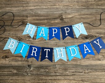 Ombre Blue Happy Birthday Banner, Boy Color Decor