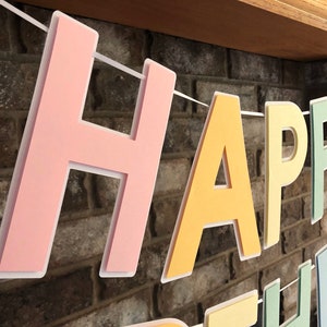 HAPPY BIRTHDAY banner made with pastel cardstock. Background made from white cardstock. Letters are cut out of different colors of sturdy cardstock. These are attached with 3d tape. Letters are strung together with white ribbon. There is extra ribbon on the ends for you to hang it up.