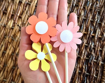 Daisy Flower Cupcake Toppers, Groovy Birthday Treat Sticks