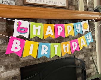 Pool Party Happy Birthday Banner, Summer Theme