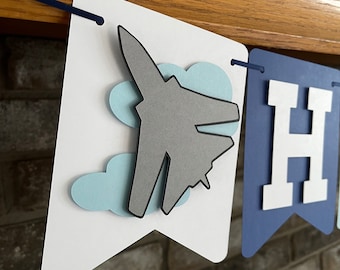 Fighter Jet Airplane Happy Birthday Banner, Big One Pilot Party, Retirement Sign