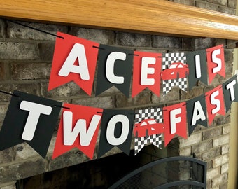 Two Fast Birthday Banner Personalized Race Car Party Theme Checkered Flag Banner