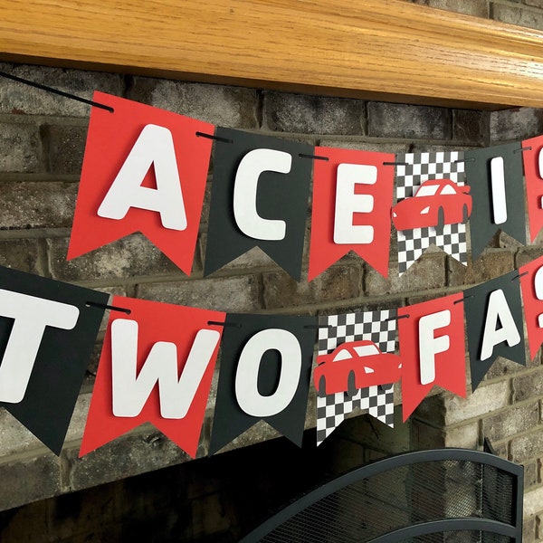 Two Fast Birthday Banner Personalized Race Car Party Theme Checkered Flag Banner