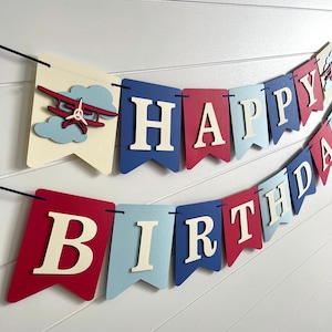 Vintage Airplane Birthday Party Banner, Time Flies, Antique Decor Cream Red Blue Biplane Sign