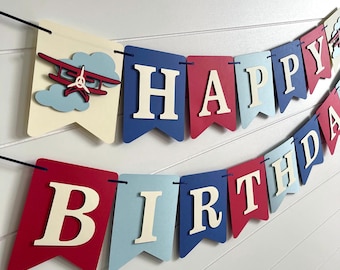 Vintage Airplane Birthday Party Banner, Time Flies, Antique Decor Cream Red Blue Biplane Sign