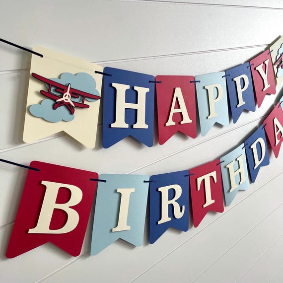 Vintage Airplane Birthday Party Banner, Time Flies, Antique Decor Cream Red Blue Biplane Sign