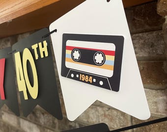 Happy 40th Birthday Banner, Vintage Cassette Tape Party Theme 1986