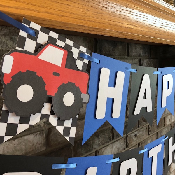 Happy Birthday Monster Truck Banner, Two Fast Party Theme, Transportation Sign