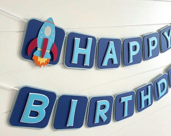 Rocket Happy Birthday Banner, Spaceship Blast Off Decorations
