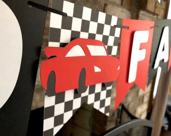 Racecar Two Fast Birthday Banner, Red and Black Car Theme, Racing Decorations