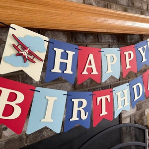 Vintage Airplane Birthday Party Banner, Time Flies, Antique Decor Cream Red Blue Biplane Mantle Sign