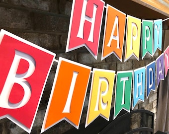 Rainbow Happy Birthday Banner, Personalized Colorful Garland, Fireplace Bunting