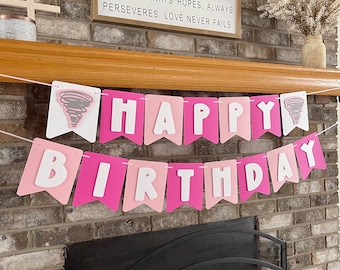 Tornado Happy Birthday Banner, Pink Twonado Theme, Fournado Party
