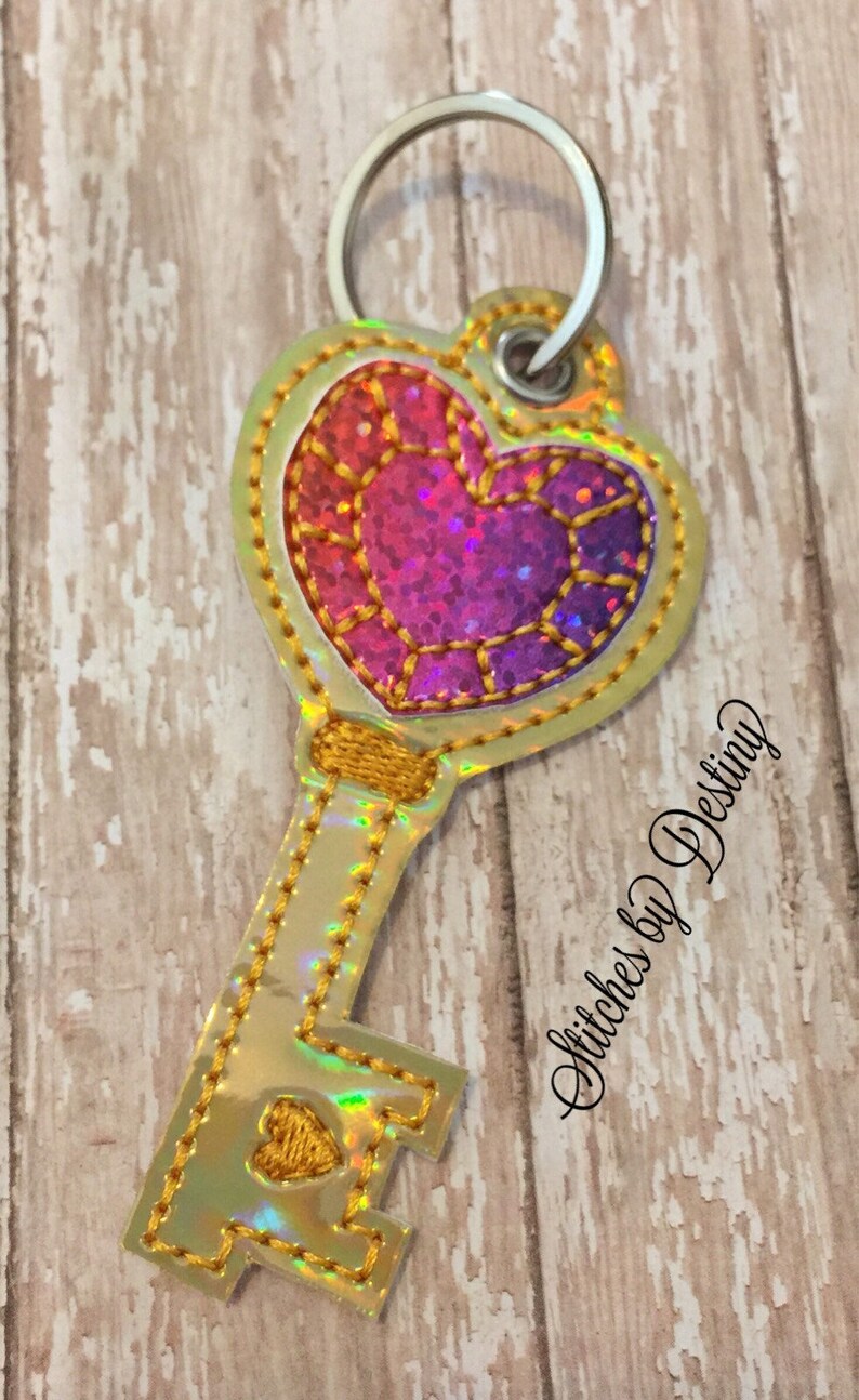 Heart gemstone skeleton key keyfob digital embroidery design  etsy