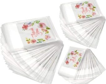 30 Thank You Printed Plastic Bags Pink Flower,  Cellophane Bags, Favor Bags, 3 Sizes